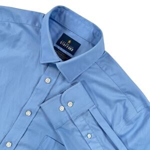 Stafford Regular Fit Sweat Repel Dress Shirt Mens M 15-15.5 34-35 Blue Textured